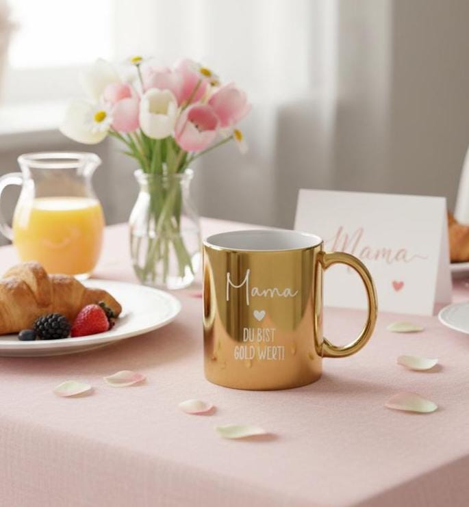Mama Geschenk gold – Papa Geschenk – Goldene Keramiktasse „Du bist gold wert“ – Geschenk für Mama oder Papa
