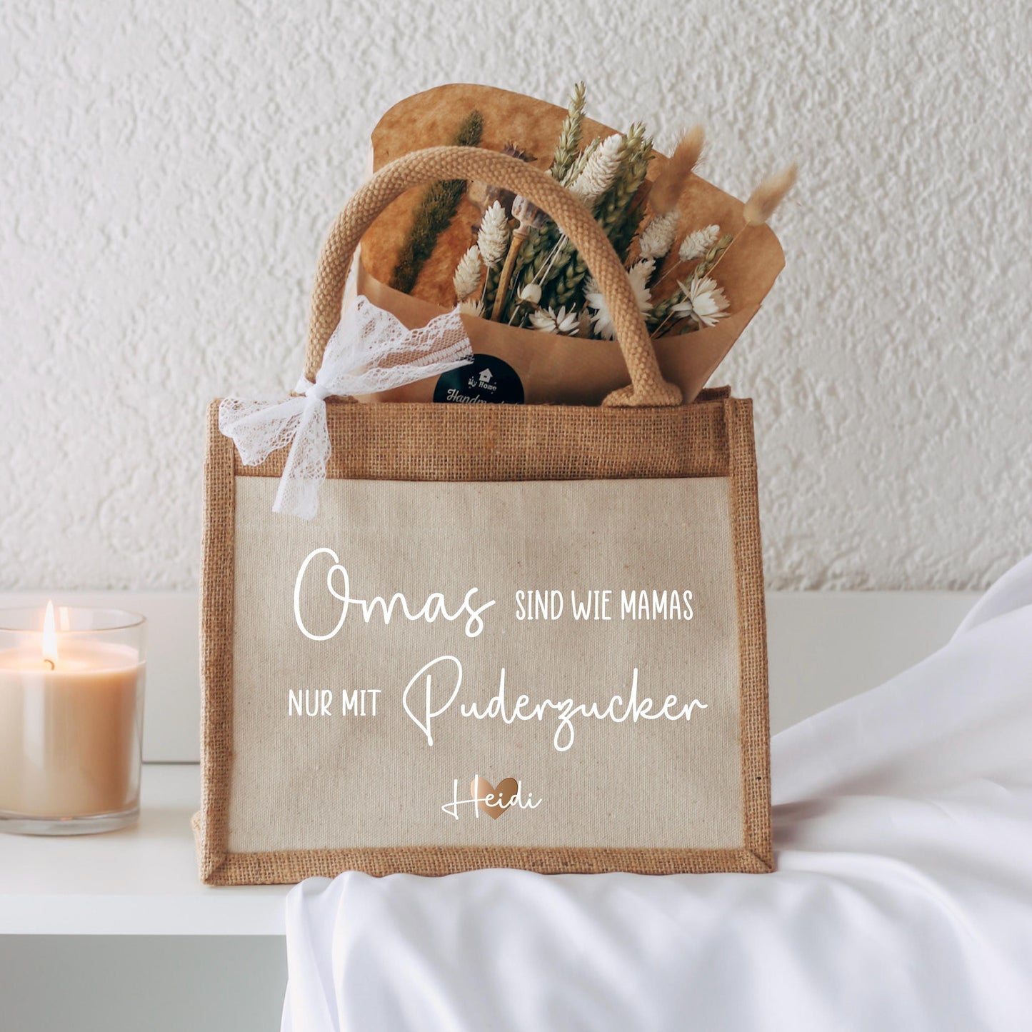 Personalisierte Jutetasche Oma – Geschenk mit Spruch & Herz, Omas sind wie Mamas nur mit Puderzucker, Tasche mit Name