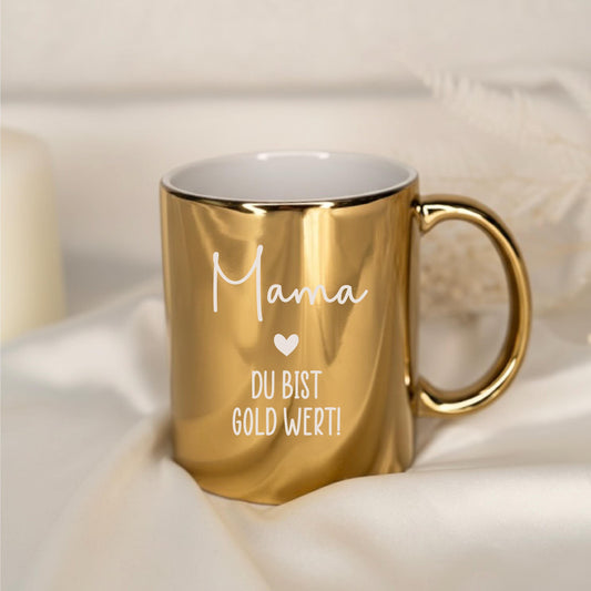 Mama Geschenk gold – Papa Geschenk – Goldene Keramiktasse „Du bist gold wert“ – Geschenk für Mama oder Papa
