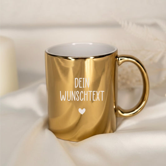 Personalisierte Tasse mit Wunschtext – Goldene Keramiktasse mit Herz – Individuelles Geschenk – Tasse personalisiert