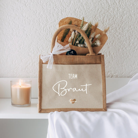Team Braut Jutetasche personalisiert – JGA Tasche mit Name & Herz, Geschenk Bridesmaids, Getting Ready Braut Tasche