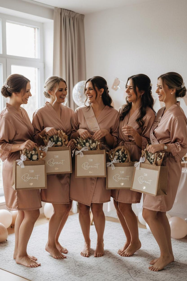 Team Braut Jutetasche personalisiert – JGA Tasche mit Name & Herz, Geschenk Bridesmaids, Getting Ready Braut Tasche
