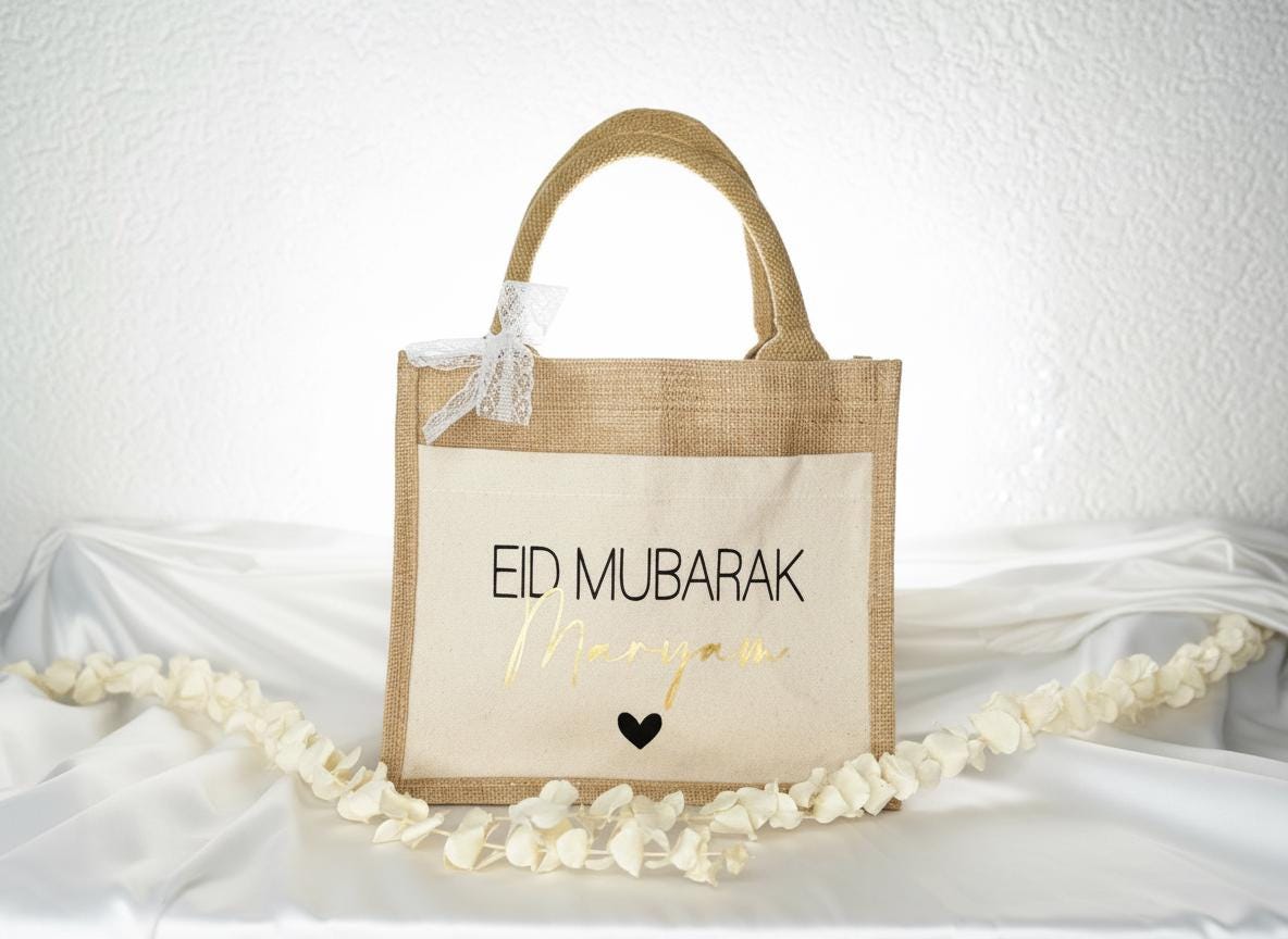 Eid Mubarak Jutetasche personalisiert – Geschenk Tasche mit Name & Herz, Eid Geschenk Kinder Erwachsene, Ramadan Zuckerfest, Bayram, Bajram