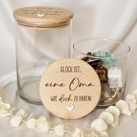 Geschenk für Oma – Vorratsglas mit Gravur – Glück ist Oma – Glas mit Holzdeckel – liebevolles Oma Geschenk