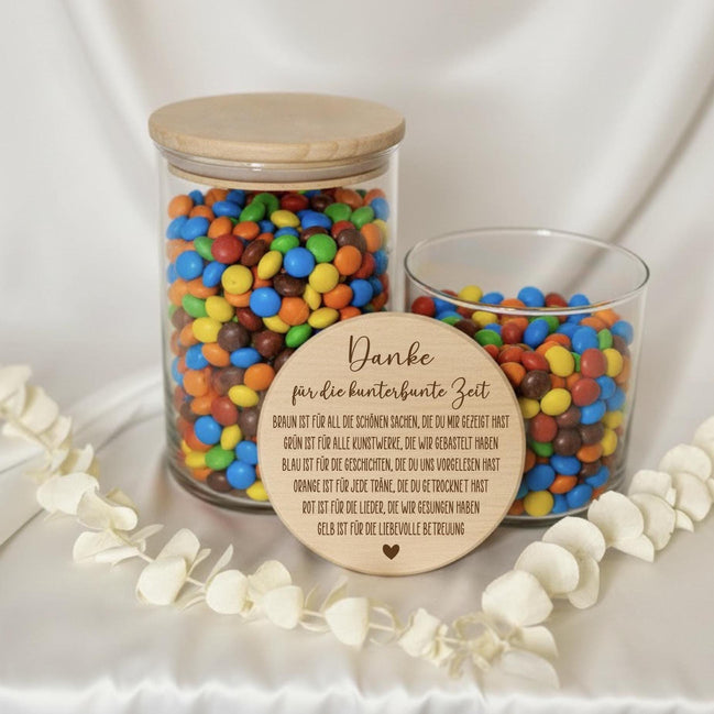 Dankeschön Geschenk Erzieherin – Vorratsglas mit Gravur – Kunterbunte Zeit– Abschiedsgeschenk Kita, Kindergarten Abschied Keksdose Naschglas