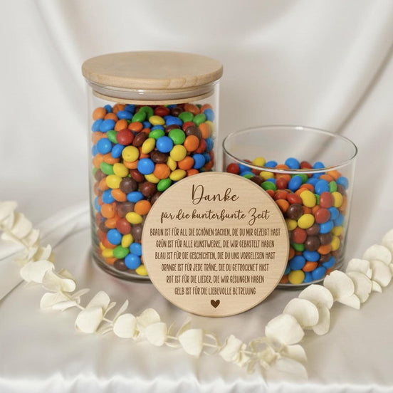 Dankeschön Geschenk Erzieherin – Vorratsglas mit Gravur – Kunterbunte Zeit– Abschiedsgeschenk Kita, Kindergarten Abschied Keksdose Naschglas