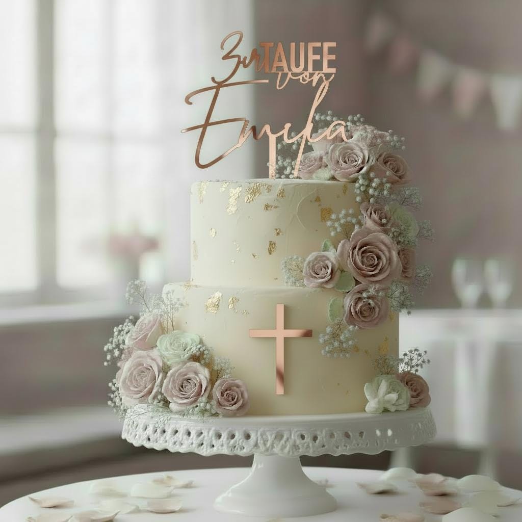 Cake Topper Taufe personalisiert mit Name – Torten Topper mit Kreuz Acryl in Gold Silber Roségold Weiß – Taufdeko Mädchen Junge, Baptism,