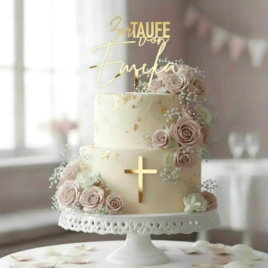 Cake Topper Taufe personalisiert mit Name – Torten Topper mit Kreuz Acryl in Gold Silber Roségold Weiß – Taufdeko Mädchen Junge, Baptism,