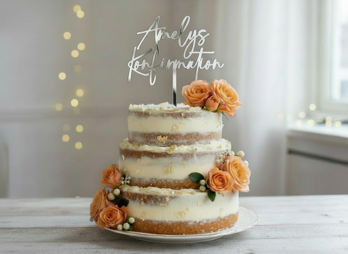 Cake Topper Konfirmation personalisiert mit Name – Kommunion Taufe Torten Topper Acryl Silber Gold Roségold Weiß- Christliche Deko