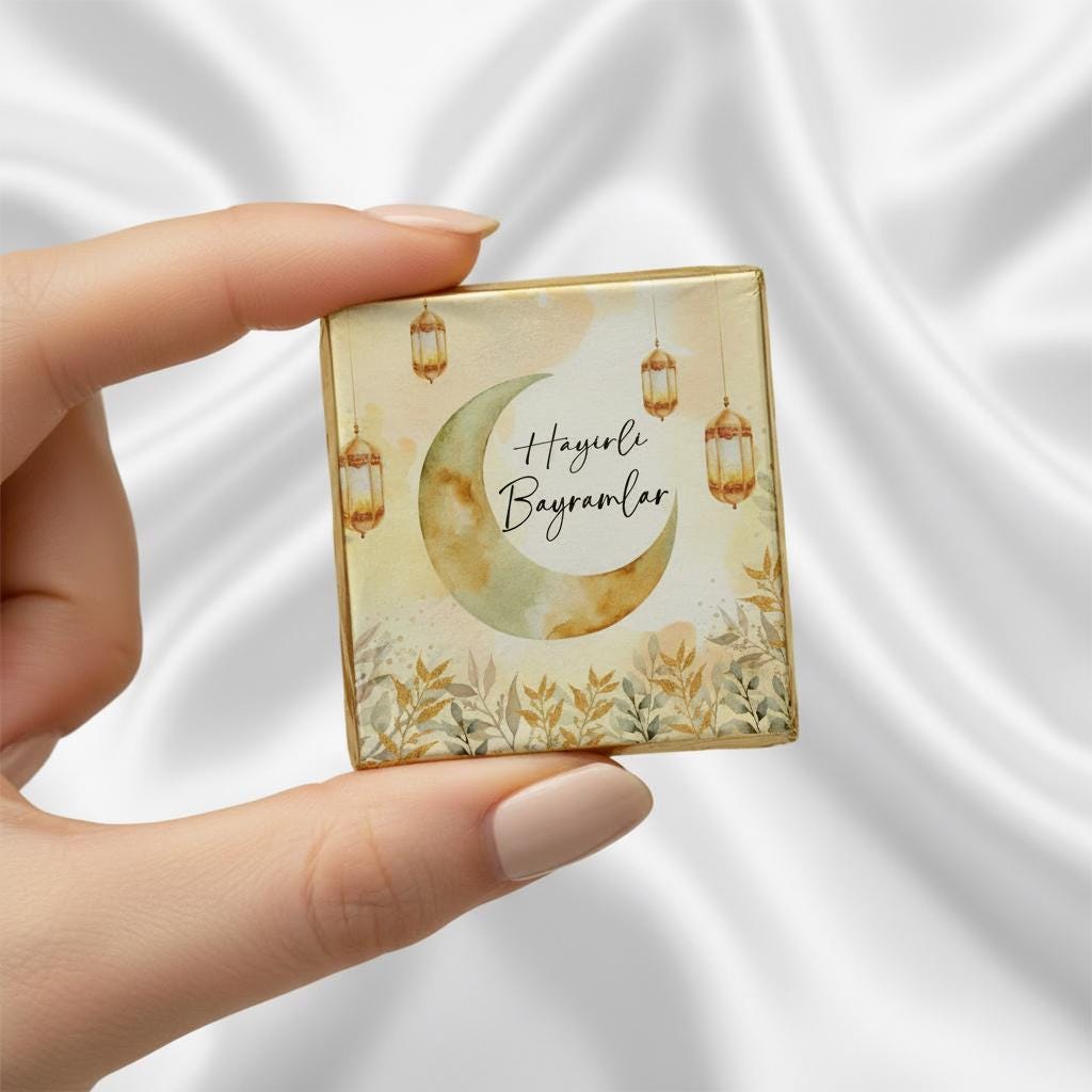 Eid Mubarak Schokobox 24 Stück personalisiert – Ramadan Bayram Gastgeschenk – Weiß Gold Silber Geschenkbox mit Schokolade, Hayirli Bayramlar