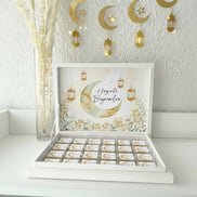 Eid Mubarak Schokobox 24 Stück personalisiert – Ramadan Bayram Gastgeschenk – Weiß Gold Silber Geschenkbox mit Schokolade, Hayirli Bayramlar