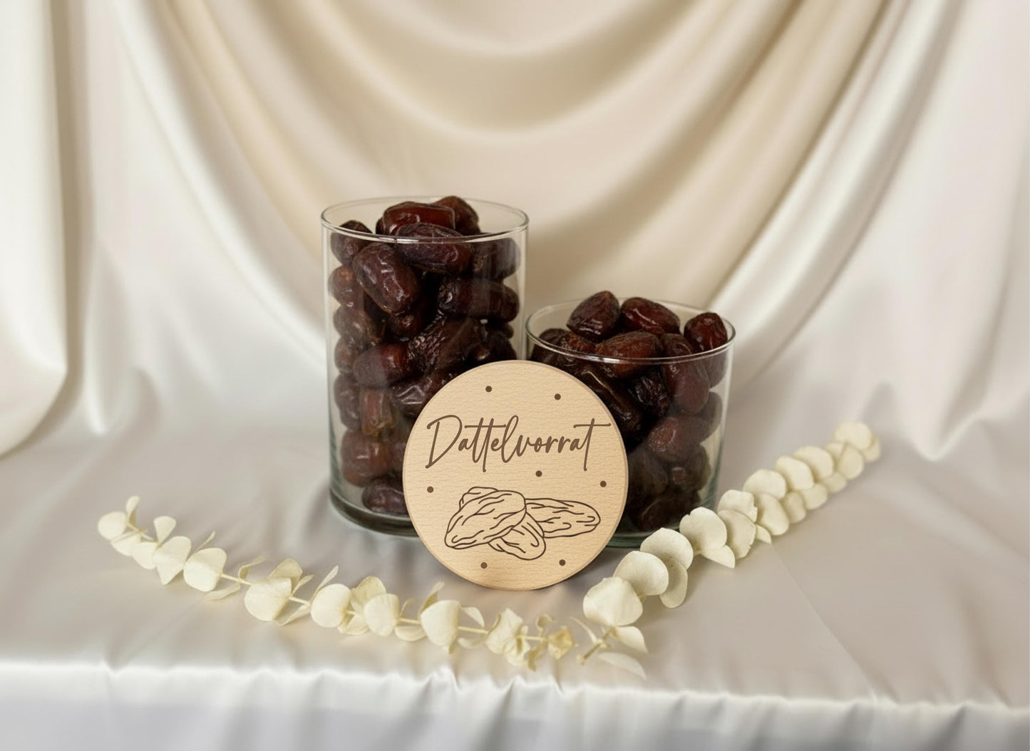 Dattelvorrat Glas - Vorratsglas mit Holzdeckel - Küche Ordnung - Ramadan - Eid Mubarak - Glasdose mit Gravur - Aufbewahrung