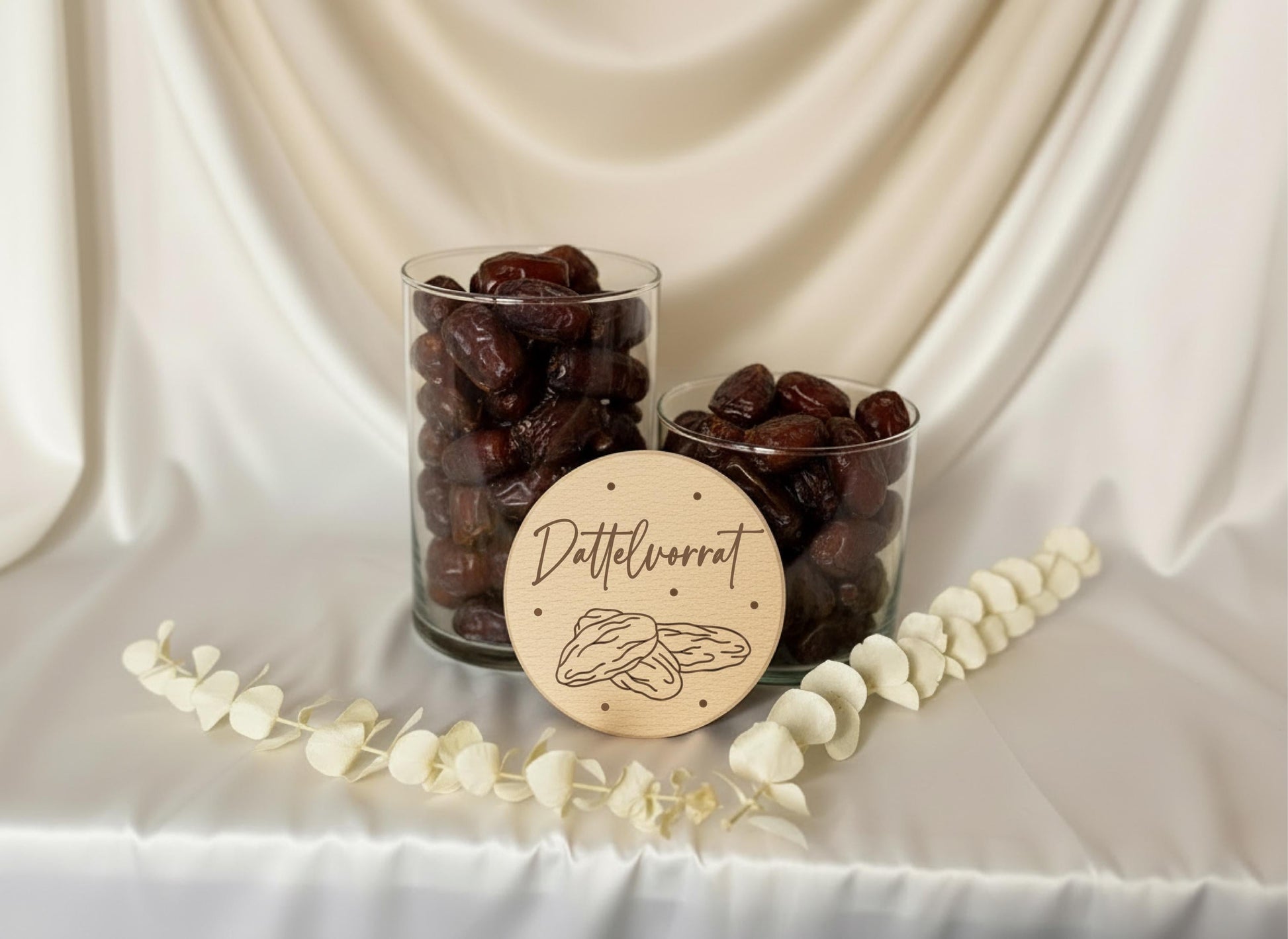 Dattelvorrat Glas - Vorratsglas mit Holzdeckel - Küche Ordnung - Ramadan - Eid Mubarak - Glasdose mit Gravur - Aufbewahrung
