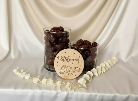 Dattelvorrat Glas - Vorratsglas mit Holzdeckel - Küche Ordnung - Ramadan - Eid Mubarak - Glasdose mit Gravur - Aufbewahrung