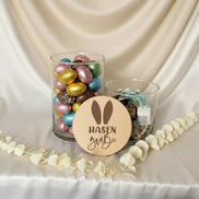 Ostergeschenk Glas – Hasengrüße – Vorratsglas mit Holzdeckel – Osterdeko – Glasdose Ostern, Ostergeschenk, Ostersüßigkeiten, Gastgeschenk