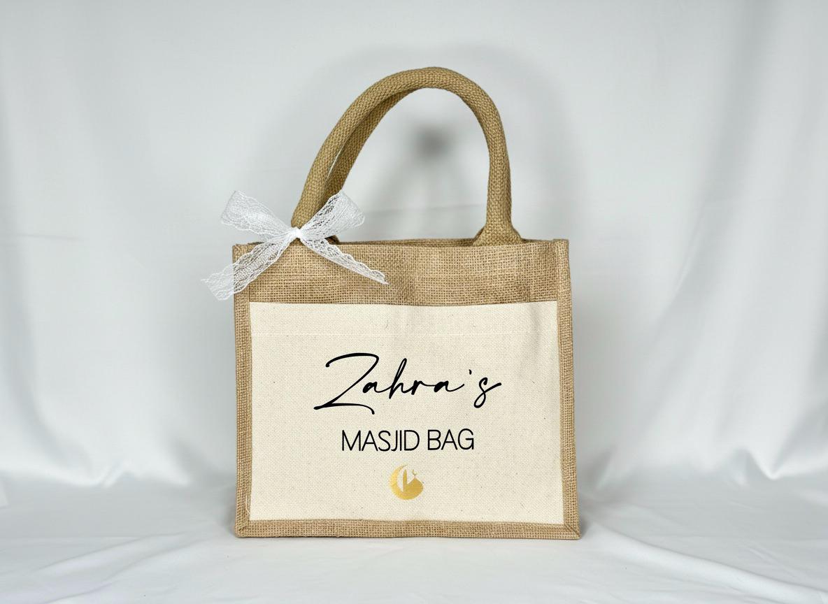 Masjid Bag personalisiert – Jutetasche mit Name & Mondsichel, Muslim Geschenk Tasche, Moscheetasche Kinder Mädchen Junge
