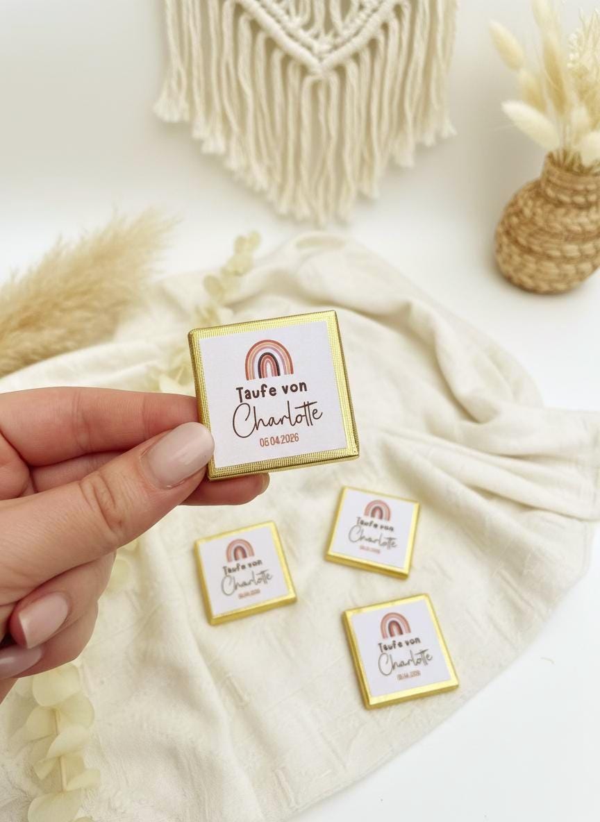 Personalisierte Schokolade (10er Set) Taufe mit Name & Datum – Gastgeschenk Taufe Regenbogen – Kommunion, Konfirmation,