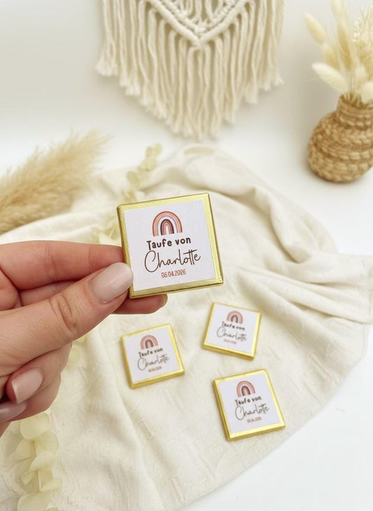 Personalisierte Schokolade (10er Set) Taufe mit Name & Datum – Gastgeschenk Taufe Regenbogen – Kommunion, Konfirmation,