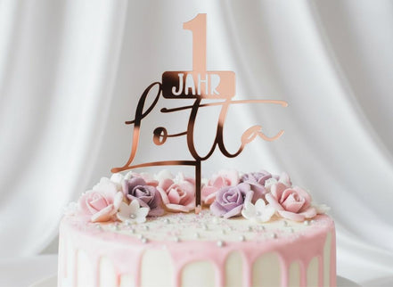 Caketopper 1 Jahr mit Name personalisiert – Acrylglas in verschiedenen Farben weiß gold rosegold– Cake Topper 1. Geburtstag Mädchen Junge