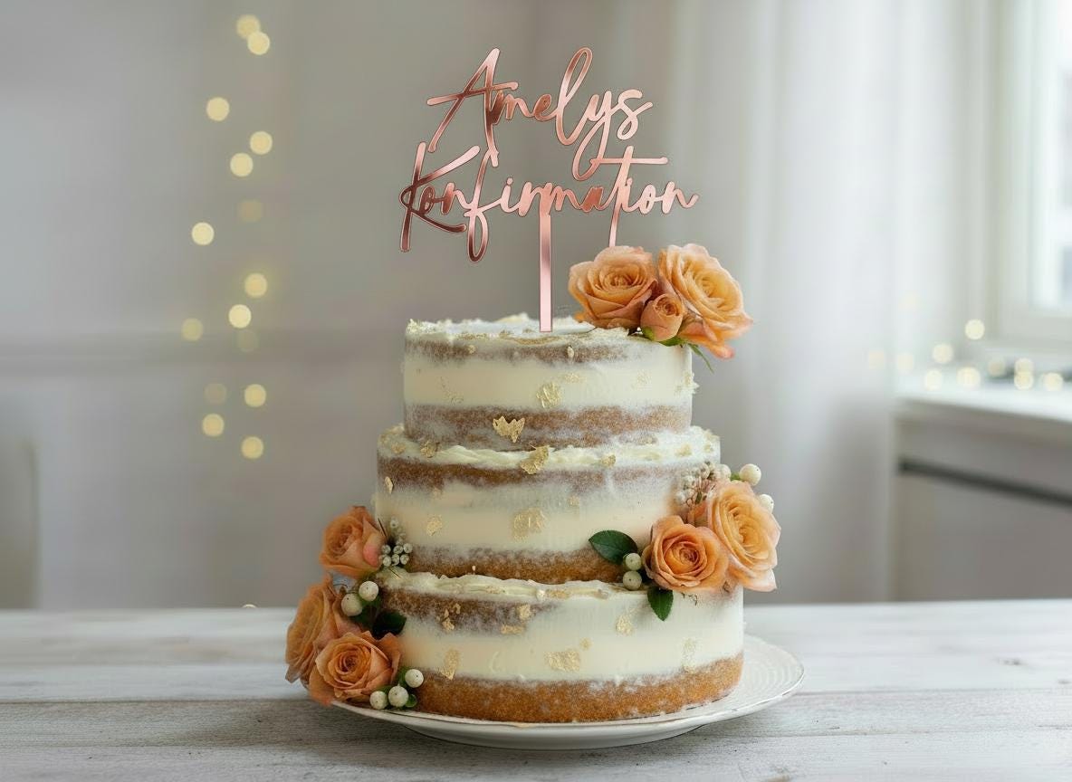 Cake Topper Konfirmation personalisiert mit Name – Kommunion Taufe Torten Topper Acryl Silber Gold Roségold Weiß- Christliche Deko