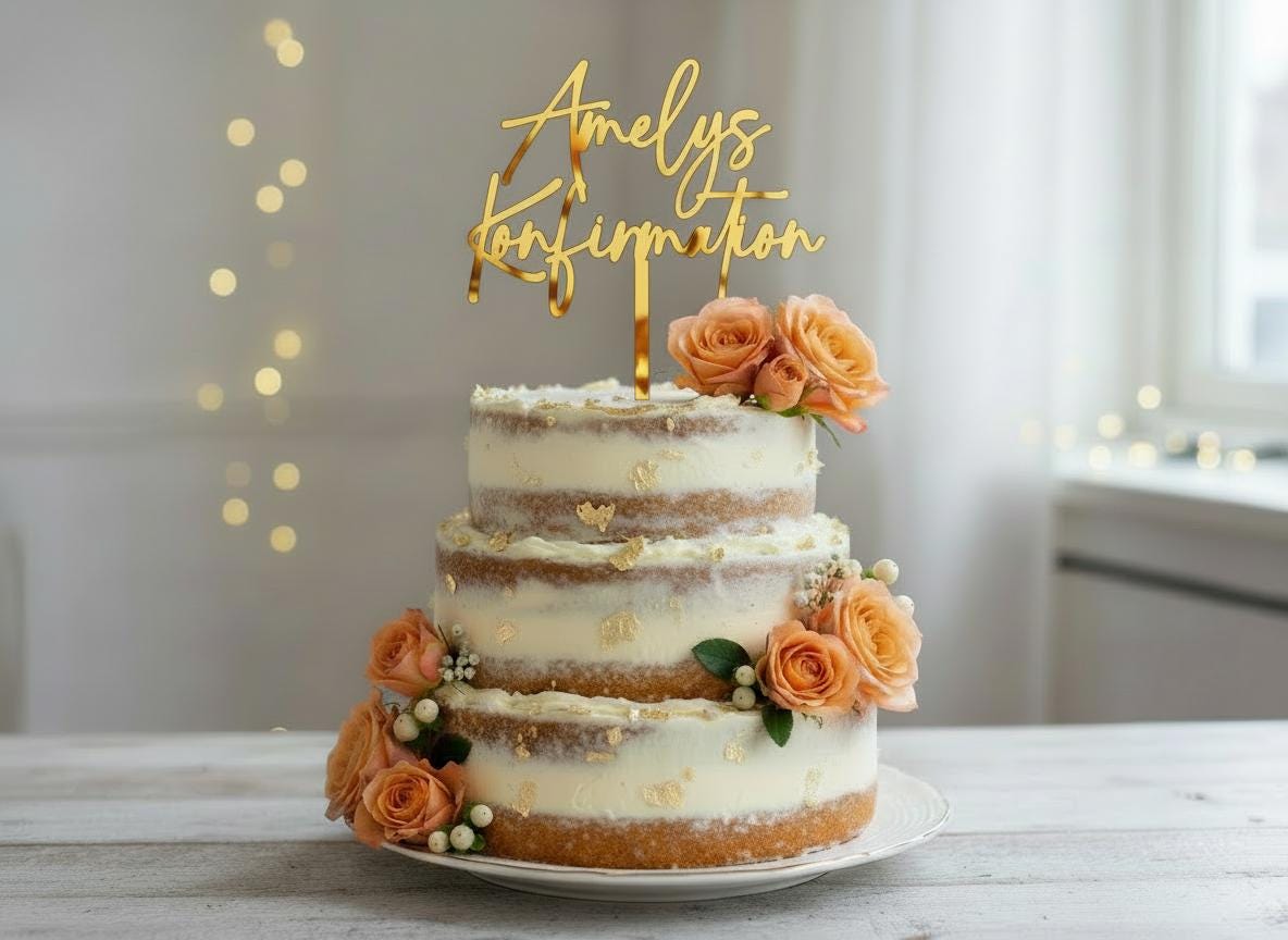 Cake Topper Konfirmation personalisiert mit Name – Kommunion Taufe Torten Topper Acryl Silber Gold Roségold Weiß- Christliche Deko