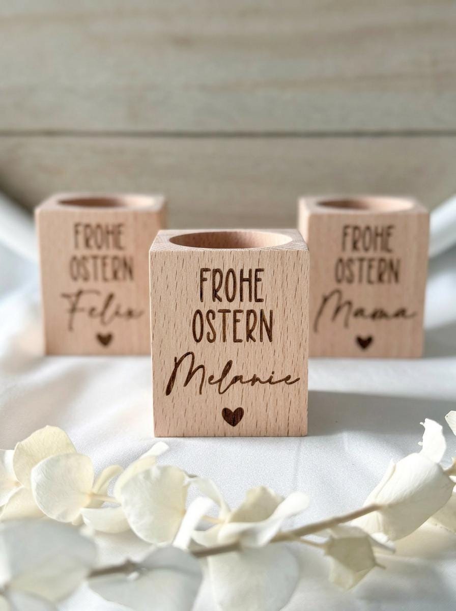 Personalisierter Eierbecher Ostern mit Name, Frohe Ostern Eierbecher Holz, Ostergeschenk personalisiert, Oster Tischdeko, Eierhalter