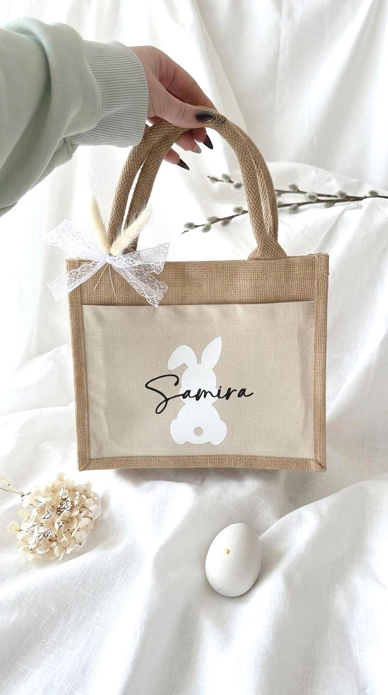 Personalisierte Ostertasche mit Name – Osterkorb Kinder, Osterhase Jutetasche, Osternest Alternative, Ostergeschenk Mädchen Junge, Osterkorb