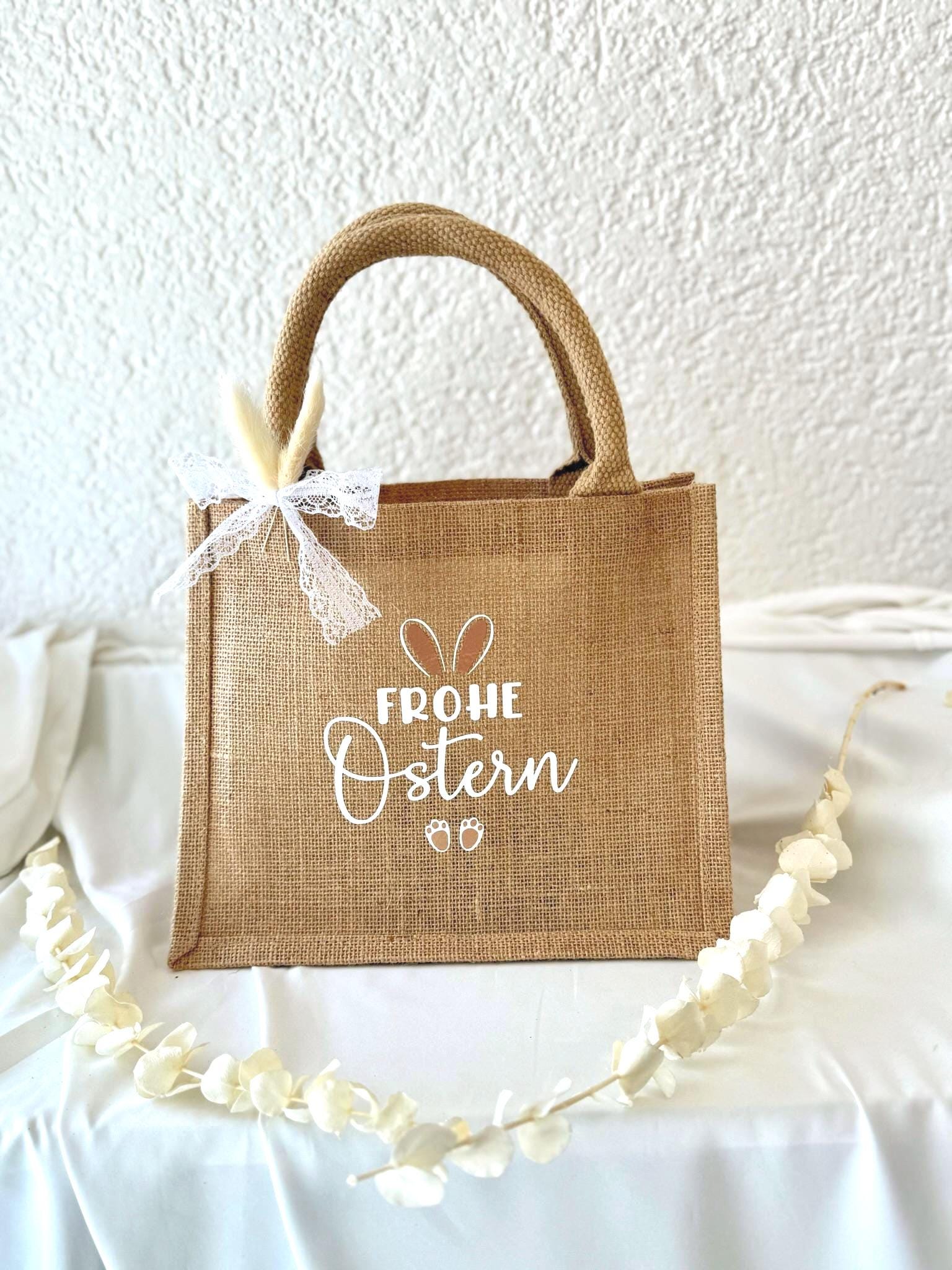 Frohe Ostern Jutetasche – Osterkorb Kinder, Ostertasche für Ostereiersuche, Osternest Alternative, Ostergeschenk Tasche, Mitarbeitergeschenk