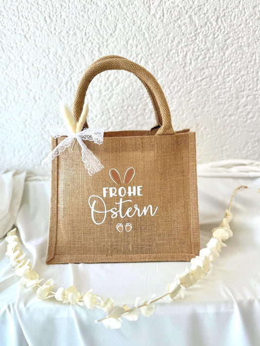 Frohe Ostern Jutetasche – Osterkorb Kinder, Ostertasche für Ostereiersuche, Osternest Alternative, Ostergeschenk Tasche, Mitarbeitergeschenk