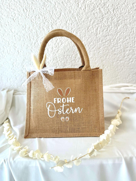 Frohe Ostern Jutetasche – Osterkorb Kinder, Ostertasche für Ostereiersuche, Osternest Alternative, Ostergeschenk Tasche, Mitarbeitergeschenk