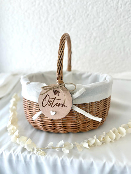 Personalisiertes Osterkörbchen & Holzanhänger, Frohe Ostern Gravur, Osterkorb Kinder Osternest mit Herz Anhänger, Ostergeschenk Kinder