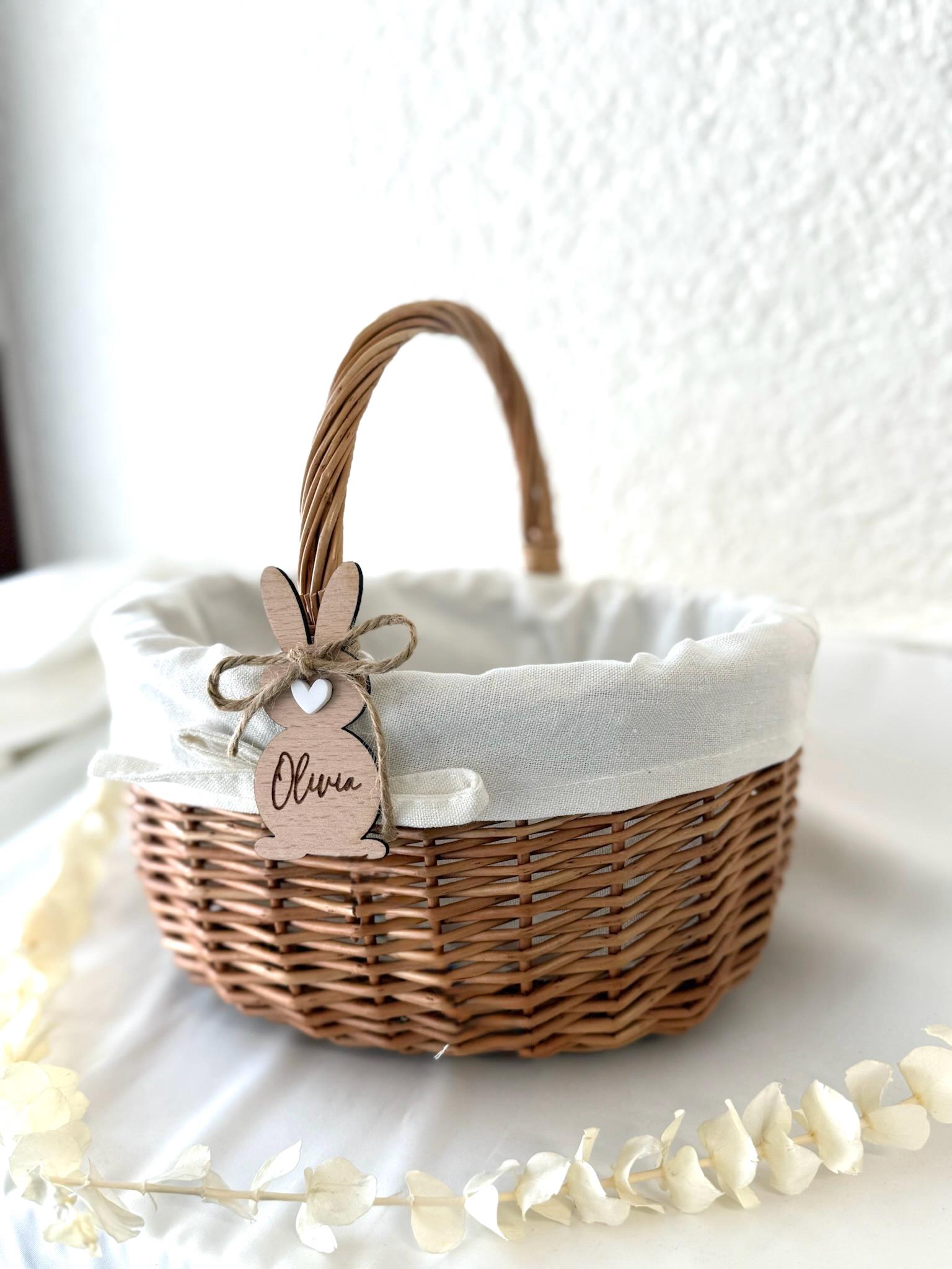 Personalisiertes Osterkörbchen mit Name – Osterkorb Kinder mit Hasen Anhänger & Herz – Osternest personalisiert – Ostergeschenk Kinder –