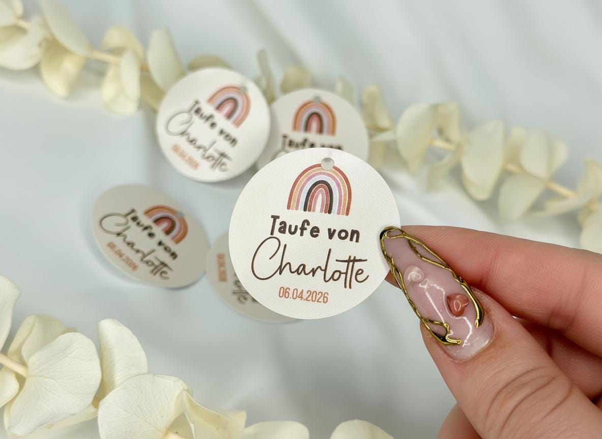 Taufanhänger personalisiert – Geschenkanhänger Taufe rund mit Name & Datum – Gastgeschenk Anhänger, Regenbogen, Kommunion, Konfirmation