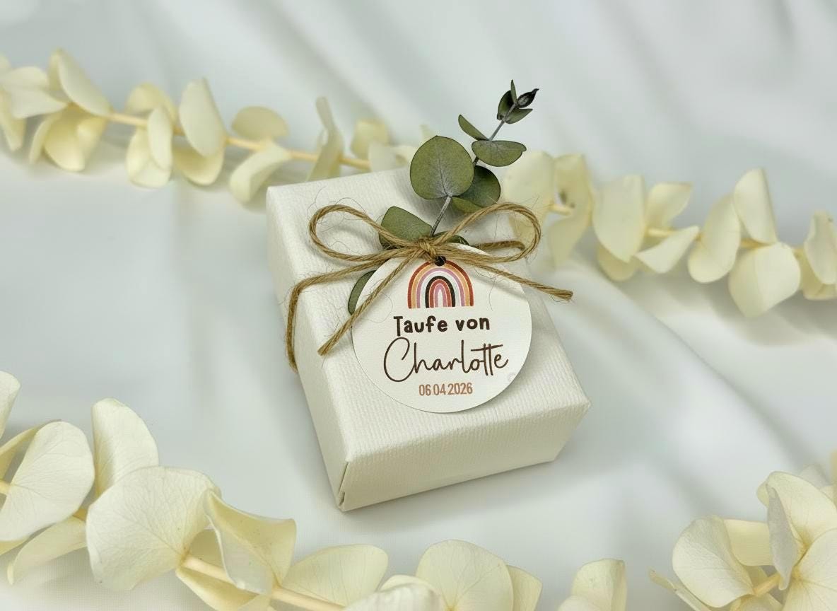 Taufanhänger personalisiert – Geschenkanhänger Taufe rund mit Name & Datum – Gastgeschenk Anhänger, Regenbogen, Kommunion, Konfirmation
