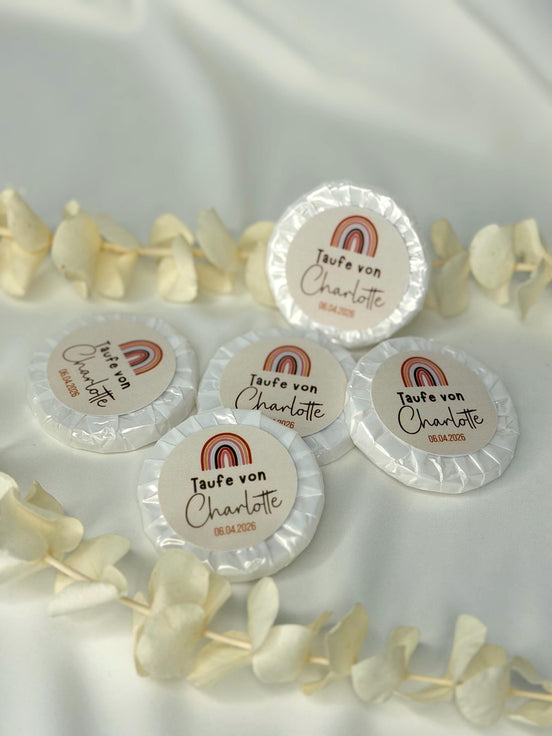 Mini Seifen (10er Set ) personalisiert Taufe – Gastgeschenk Taufe mit Name & Datum – Seife Regenbogen rund, Kommunion, Konfirmation