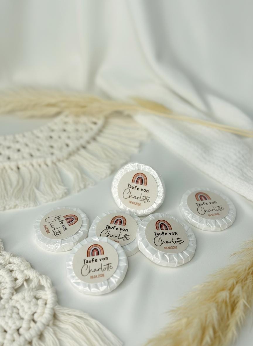 Mini Seifen (10er Set ) personalisiert Taufe – Gastgeschenk Taufe mit Name & Datum – Seife Regenbogen rund, Kommunion, Konfirmation