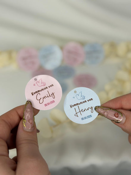 Kommunion Anhänger personalisiert – Etiketten Taufe Konfirmation mit Name & Datum – Gastgeschenk Tags 3,8 cm, Einladungskarten-Anhänger