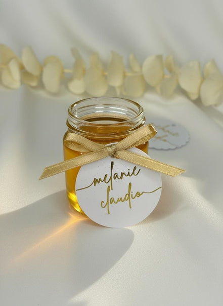Hochzeitsanhänger personalisiert – Weiß mit Gold oder Silber Veredelung – Namensanhänger für Gastgeschenke rund oder gewellt, Söz, Nisan