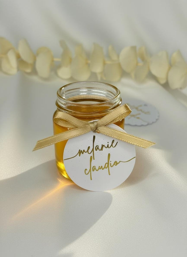Hochzeitsanhänger personalisiert – Weiß mit Gold oder Silber Veredelung – Namensanhänger für Gastgeschenke rund oder gewellt, Söz, Nisan
