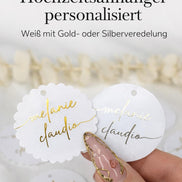 Hochzeitsanhänger personalisiert – Weiß mit Gold oder Silber Veredelung – Namensanhänger für Gastgeschenke rund oder gewellt, Söz, Nisan
