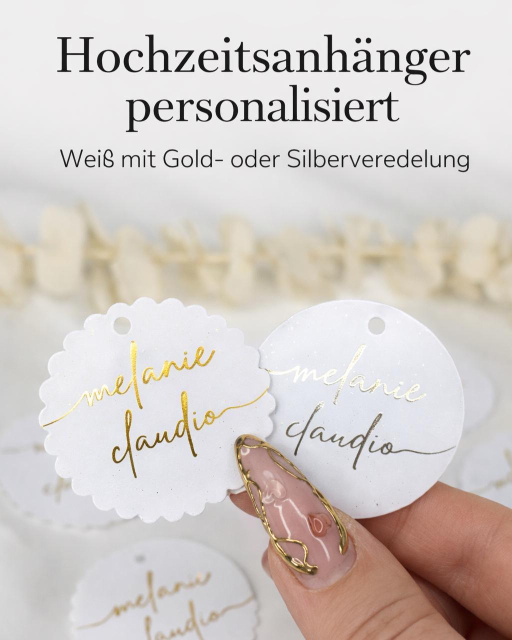 Hochzeitsanhänger personalisiert – Weiß mit Gold oder Silber Veredelung – Namensanhänger für Gastgeschenke rund oder gewellt, Söz, Nisan