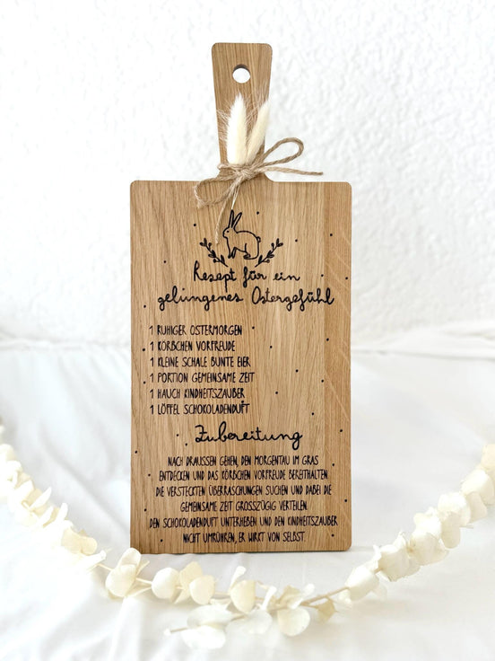 Ostergeschenk Holzbrett • Rezept für ein gelungenes Ostergefühl • Oster Deko Brett • Osterhase Gravur • Geschenk Ostern Familie, Gravur