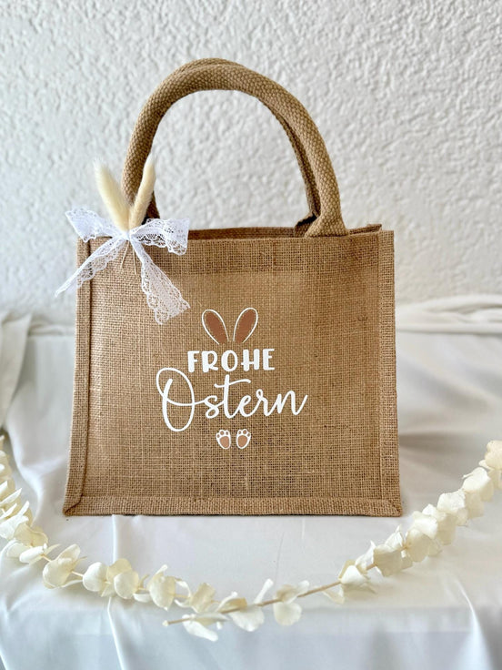 Frohe Ostern Jutetasche – Osterkorb Kinder, Ostertasche für Ostereiersuche, Osternest Alternative, Ostergeschenk Tasche, Mitarbeitergeschenk