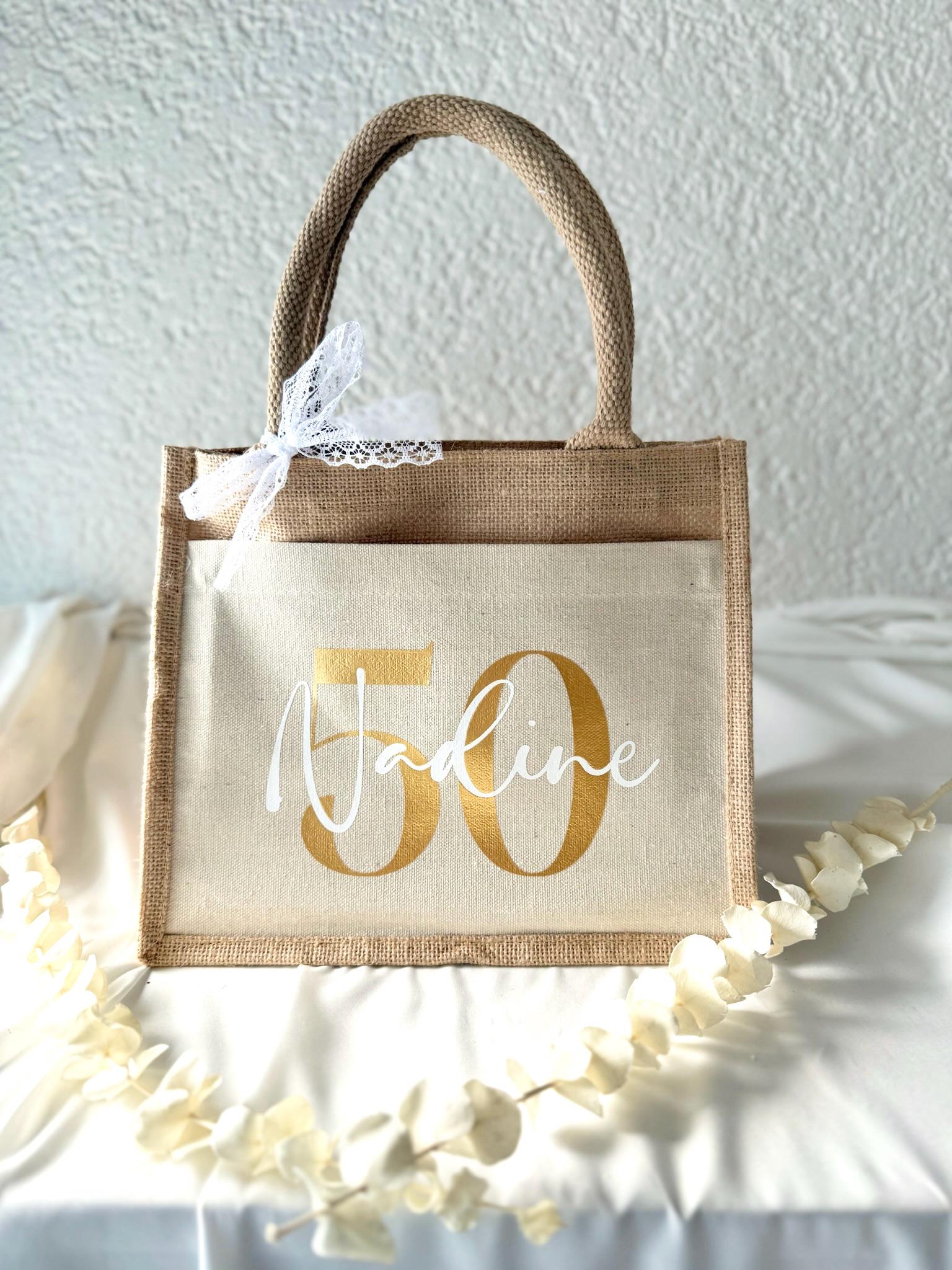 Runder Geburtstag Jute Tasche mit Namen – Tasche mit Name & Zahl, Geschenk Frau Geburtstag, Jubiläum Geschenk, 30, 40, 50, 60, 70, 80, 90,