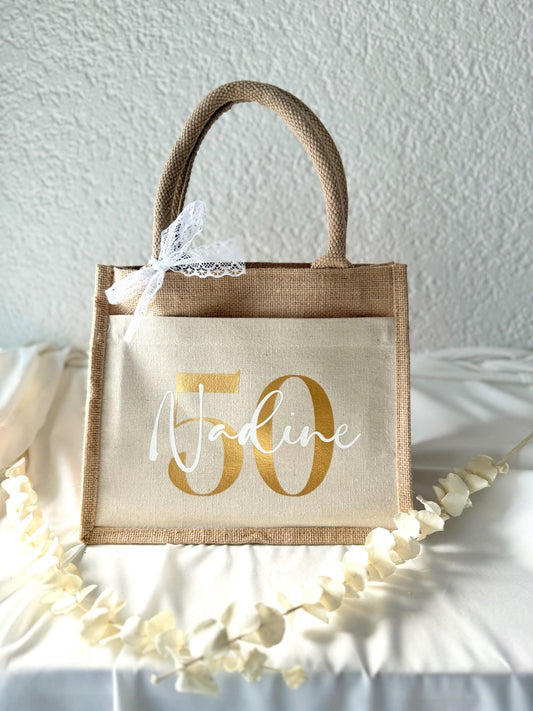 Runder Geburtstag Jute Tasche mit Namen – Tasche mit Name & Zahl, Geschenk Frau Geburtstag, Jubiläum Geschenk, 30, 40, 50, 60, 70, 80, 90,