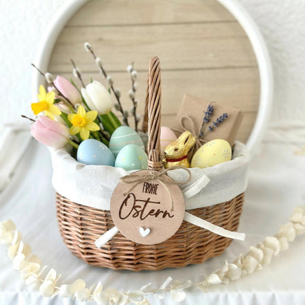 Personalisiertes Osterkörbchen & Holzanhänger, Frohe Ostern Gravur, Osterkorb Kinder Osternest mit Herz Anhänger, Ostergeschenk Kinder