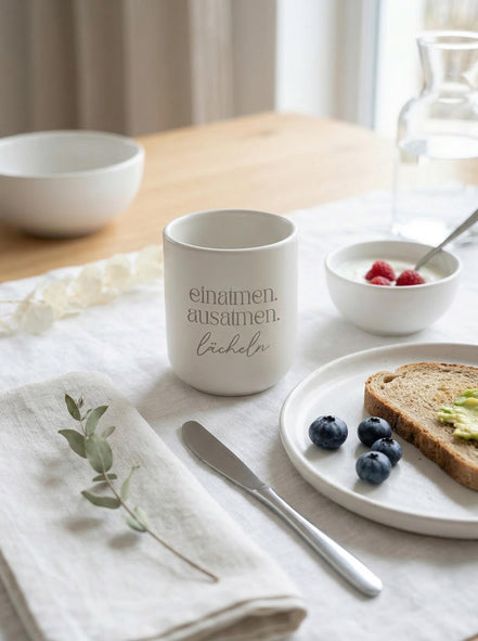 Achtsamkeit Tasse einatmen ausatmen lächeln – Tasse mit Spruch – minimalistischer Kaffeebecher ohne Henkel – Freundin Kollegin Geschenk