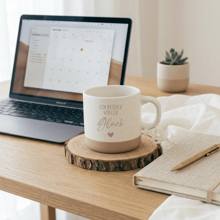 Tasse Ein Becher voller Glück – Geschenk für Freundin Familie – motivierende Kaffee Tasse – Keramik Tasse mit Spruch, Tasse mit Gravur,