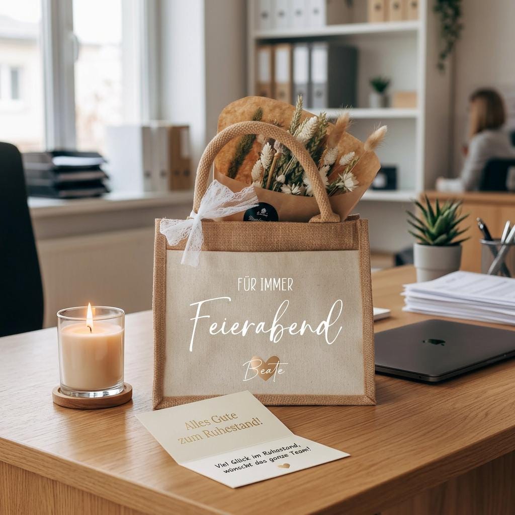Geschenk Ruhestand personalisiert – Jutetasche Rentner mit Name, Für immer Feierabend, Abschied Kollege Geschenk