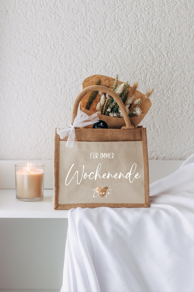 Für immer Wochenende Tasche personalisiert – Geschenk Idee, Jutetasche mit Name, lustiges Geschenk Freundin Kollegin